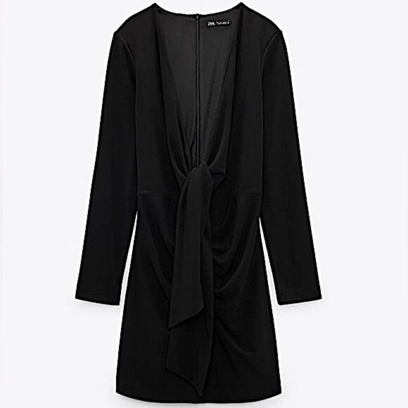 Zara Black Dress Tied Ruched Long Sleeve Size L • NEW WITH TAGS • - Picture 7 of 11